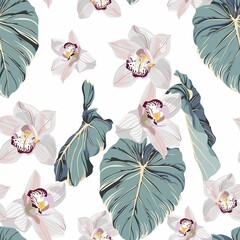 Watercolor style white orchid flowers and blue palm leaves seamless pattern. Decorative background in rustic boohoo style for wedding invite, fabric.	