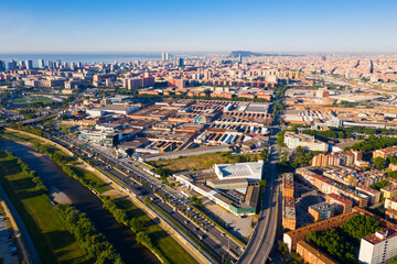Fototapeta na wymiar Roofs of town Barcelona and district Sant Adria de Besos, Besos river. Spain