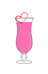 Vector image of pink cocktail in elongated glass with romantic heart on black background