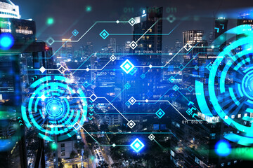 Information flow hologram, night panorama city view of Bangkok. The largest technological center in Asia. The concept of programming science. Double exposure.