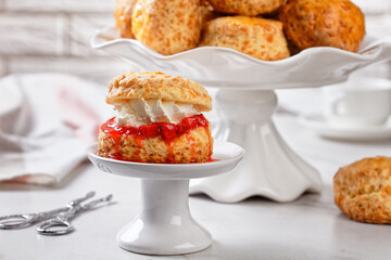scones with jam and buttercream, top view
