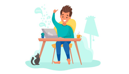 Working from home, online education or remote, distance work. Young man freelancer is working at laptop in his room. People at home in quarantine. Vector flat cartoon illustration  