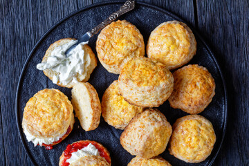 scones with jam and buttercream, top view