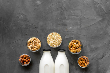 Above view of non-dairy milk alternative - almond hazelnut walnut oat milk