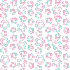 Abstract red flowers with turquoise spots on a white background. Vector seamless pattern for packaging, wrapping paper, wrapper, wallpaper, printing on fabric, textile, clothes and bags. Template