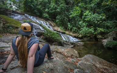 SILK GRASS VILLAGE, BELIZE - Apr 17, 2019: Traveler at Lower Bocawina Falls