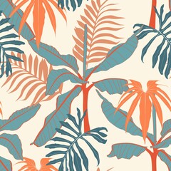 Tropical plants seamless pattern, palm leaves and exoticplants, blue and orange tones.