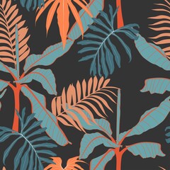 Cotton fabric Tropical plants seamless pattern, palm leaves and exoticplants, blue and orange tones on black background.