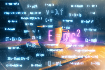 Desktop computer background and formula hologram writing. Double exposure. Education concept.