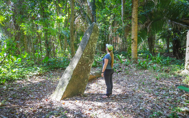 SILK GRASS VILLAGE, BELIZE - Apr 17, 2019: Mayan stela inside Mayflower Bocawina National Park