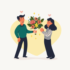 First Date. A man gives a woman a beautiful bouquet of flowers