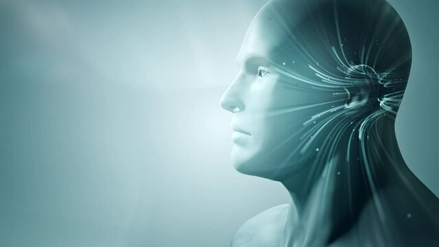 Double exposure of abstract human face with moving of lines for fiber optic network. Magic flickering dots or glowing flying lines. Animation loop.
