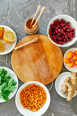 Trendy Virus protection food, coronavirus, immunity concept.