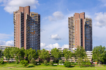 Mannheim, Germany. April 30th, 2010. Residential skyscrapers along the Nackar River in the...