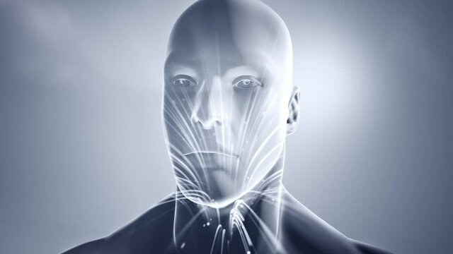 Double exposure of abstract human face with moving of lines for fiber optic network. Magic flickering dots or glowing flying lines. Animation loop.