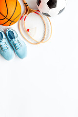 Frame of sport balls - football, basketball, badminton on white background