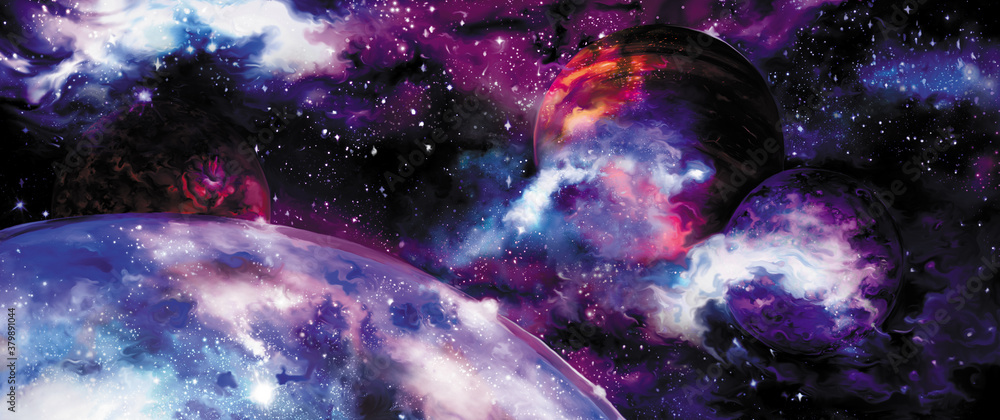 Wall mural fictional cosmos banner/ illustration color cosmos banner with an earth like planet, stars, fiction 