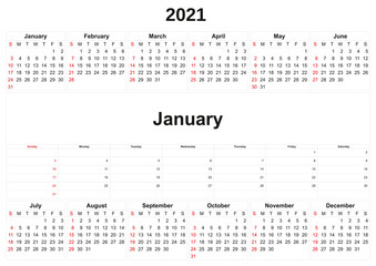 2021 annual calendar with white background.