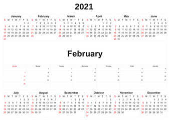2021 annual calendar with white background.