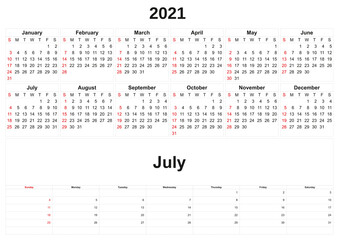 2021 annual calendar with white background.