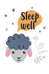 Good Night and Sweet Dreams colorful poster with cute sheep. Vector