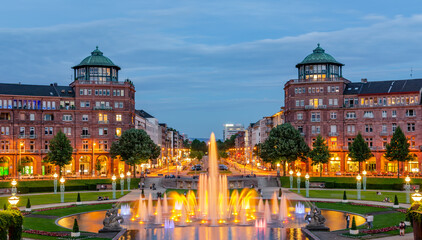 Mannheim, Germany. June 16th 2013. View on Friedrichsplatz with water and light games.