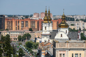 Aerial panoramic view of Soborna Street and Orthodox Holy Transfiguration Cathedral in Vinnytsia,...