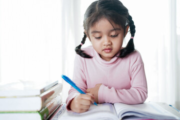 Asian student child girl writing on the book.