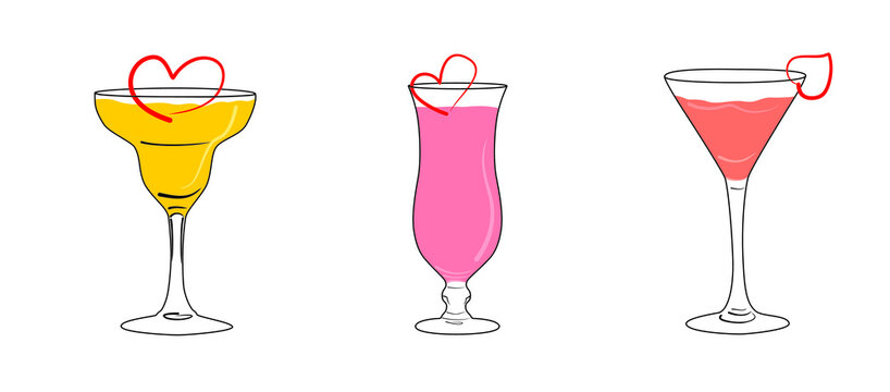 Vector image of silhouettes of three cocktails in glasses of different shapes with a romantic heart
