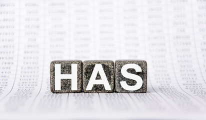 three stone cubes on the background of white financial statements, tables with the word HAS. Strong business concept