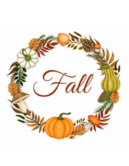 Fall text wreath with watercolor pumpkins, autumn forest plant, brown red leaves, mushrooms, pine cones for Thanksgiving, Harvest day design greeting card, poster, invitation. Template, copy space
