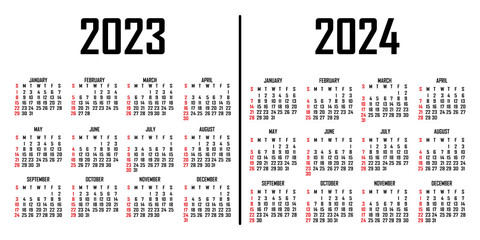 Calendar 2023-2024. The week begins on Sunday. Simple calendar template. Portrait of vertical orientation. Annual organizer of stationery. Vector