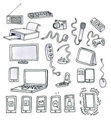 set of black and white drawings on the theme : technologie