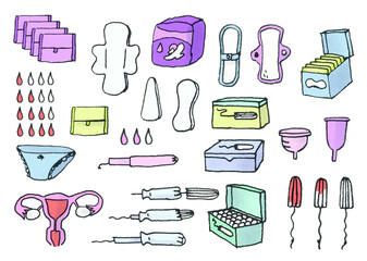 set of colored drawings on the theme : menstruation