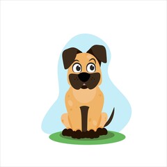 Dog in a sitting position, beige puppy with brown ears and paws, vector illustration in flat style, isolated object on a white background.