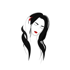 Silhouette of a girl with long hair, red nails and red lips. Logo for beauty sphere. Vector illustration in flat style.