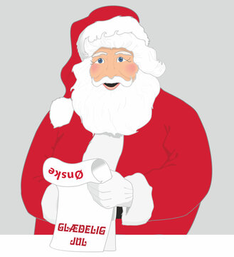 Big Santa Claus with wishlist, text in Danish (Denmark) means wishlist and Merry Christmas. The image could be found in different languages. Vector illustration. EPS10.