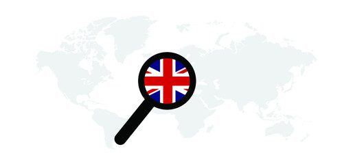 England flag in magnifying glass Folded with location. Route search tracking icons Mark maps signs Vector pin Symbol Track and trace point marker Fly travel navigation pointer Roads navigator pins.