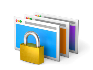 Private and protected personal information. Closed lock and computer windows. isolated on white background with clipping path. 3d render