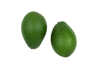 Two fresh and green avocados on white isolated background