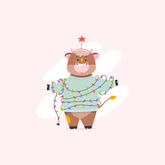 Happy New Year. Cute cartoon Bull with garland. Vector illustration.