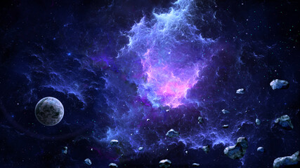 Space background. Colorful fractal nebula with planet and asteroid. Elements furnished by NASA. 3D rendering