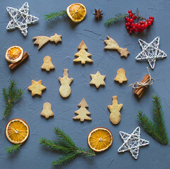 Gingerbread cookies. Snowflake, star, snowman, christmas tree.