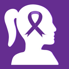 Female head with purple ribbon inside. Domestic violence or Lupus concept