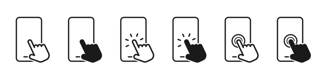 Mobile phone. Smartphone Line Icons. Hand holding smartphone. Hand white touch screen and click on the mobile phone. Mobile phone icons. Vector illustration