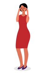 Fototapeta premium brunette woman in red dress feels a strong severe headache. She pressed her fingers to her temples. Endure pain. Cartoon vector illustration.