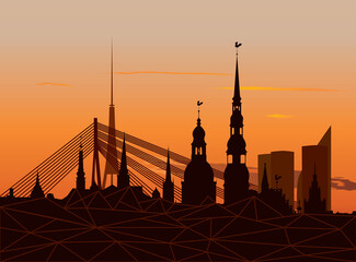 Riga Old Town Skyline during sunset time - obrazy, fototapety, plakaty