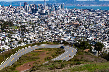 Panoramic shot of San Francisco Business District from Twin Peaks, California USA, March 30 2020