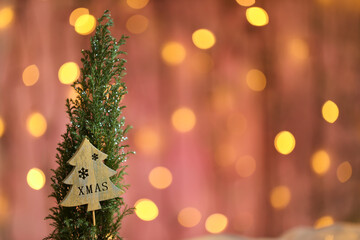 Fototapeta na wymiar Small decorative Christmas tree on a bokeh background. Celebration time.