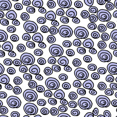 Vector illustration, colored seamless pattern, background, texture from abstract elements in the form of spirals, shells, doodling for paper design, fabric, interior